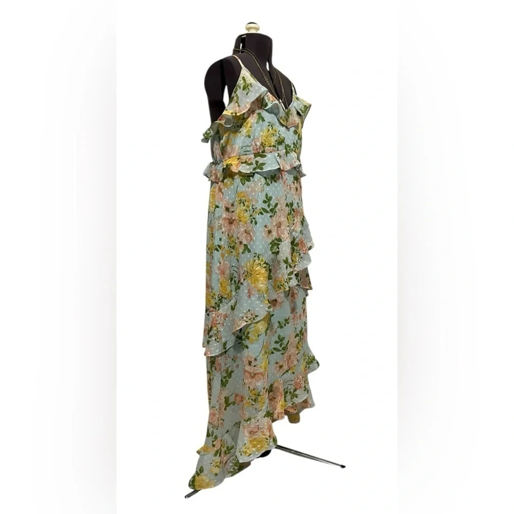 By The River Blossom In Time Blue Multi Floral Ruffle Tiered Midi Dress Size L - Picture 8 of 14